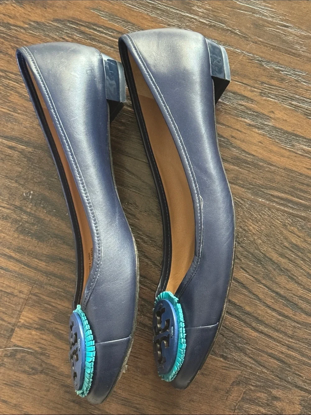 Tory Burch Navy Leather Ballet Flats with Turquoise Logo